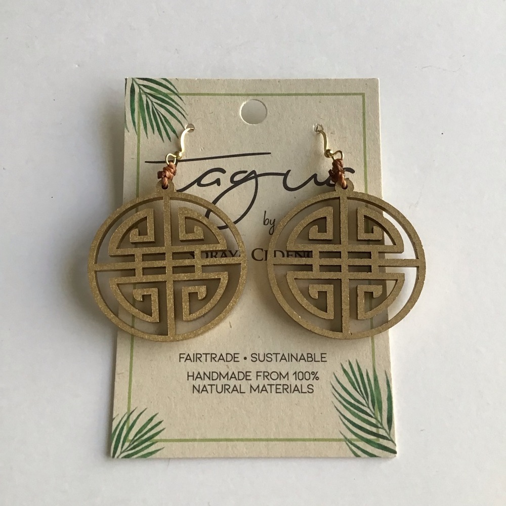 NEW Medallion Earrings Asian-Style Matte Gold Open Work Tagua Nut Lightweight - Picture 14 of 15
